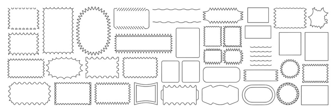 Set of decorative postage stamp frame shapes, vector outline border graphic resources.