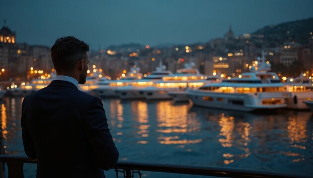 Man in tailored evening suit admires yachts in harbor at dusk. Fleet of expensive yachts, lights reflected in water. Luxury lifestyle, business success and wealth concept.