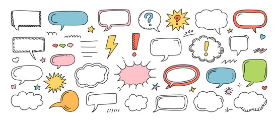 Set of hand drawn speech bubbles, communication message elements, sketch style