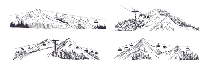 Ski resort illustration with ski lift, mountains, trees, hand drawn sketch style