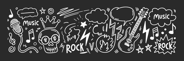 Rock music doodles: Guitar, skull, microphone and music notes in sketch style