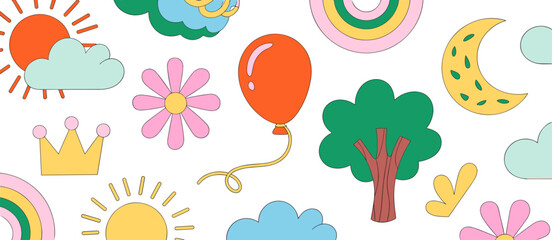 Cute retro cartoon elements: sun, rainbow, moon, tree, crown, balloon, clouds, flower