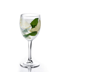 Hugo Spritz cocktail in glass isolated on white background. Copy space