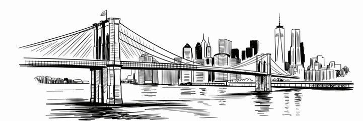 Brooklyn Bridge sketch with New York City skyline, urban, travel, architecture, cityscape, drawing