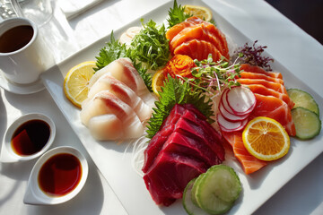 Elegant Sashimi Platter with Garnishes. A beautifully arranged sashimi platter featuring fresh salmon, tuna, and other seafood, garnished with citrus and greens, served with soy sauce.