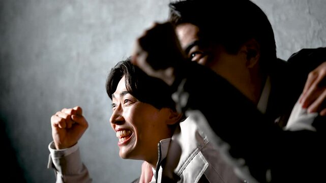 ヘルメットを持ち笑顔のとっても仲良し若い作業員2人　転職や採用のイメージで イエ～イ！！の応援クローズアップの横顔動画