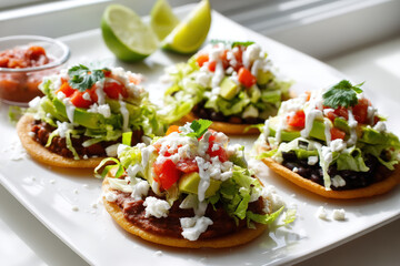 Delectable Mexican Sopes Platter. A delicious Mexican sope platter with toppings of lettuce, tomatoes, avocado, and cheese, served with salsa and lime.