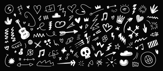 Obraz premium Hand drawn doodles, black background, vector illustration. Music, arrows, skull, heart.