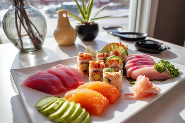 Fresh Sushi Platter. A beautifully arranged sushi platter featuring a variety of fresh, colorful sashimi and rolls, ideal for a culinary blog or restaurant menu.