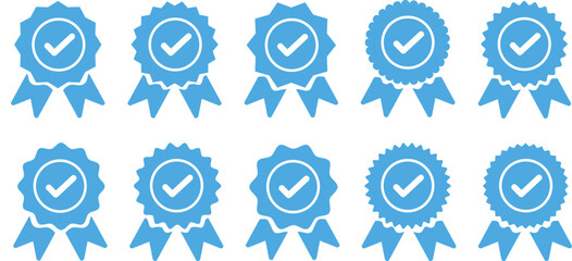 Blue Verification Badge Icon Set – Check Marks and Zigzag Right Symbols for Social Media Account Authentication and Status Approval.