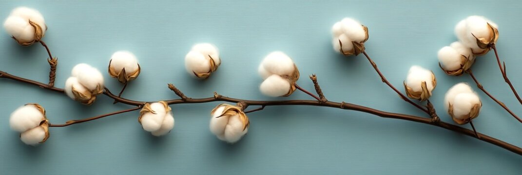 Cotton Plant Branch on Soft Blue Background, Minimalist Aesthetic for Modern Home Decor Photography