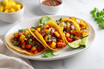 Tacos Al Pastor with Pineapple. Delicious tacos al pastor on a white plate, garnished with pineapple, cilantro, and lime. A bowl of pineapple and salsa is also included.