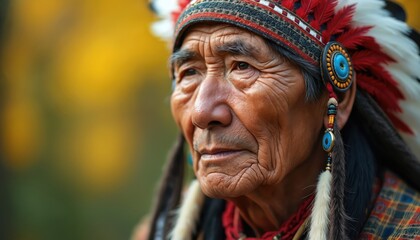 Fototapeta premium Native American elder in traditional headdress. Aged indigenous man, face closeup, skin wrinkles. Detailed portrait, wisdom, honor, cultural heritage, history, pride, authentic, old man, tribal.