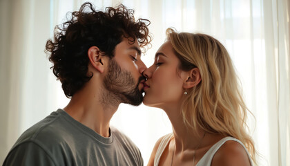 Romantic moment, couple kissing, expressing love. Young woman, man embrace, faces close. Tenderness, intimacy, true feelings. Plain neutral background, daylight, warm colors. Ideal for cards,