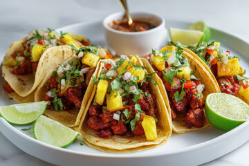 Tacos Al Pastor with Pineapple. Delicious tacos al pastor with pineapple, onions, cilantro, and lime served on a white plate. Mexican cuisine.
