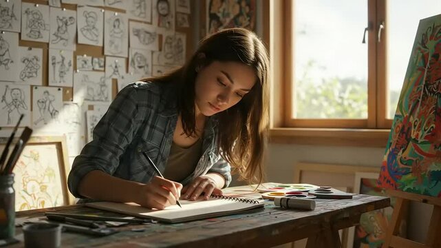 Young Artist Drawing in Studio.