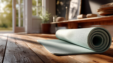 Yoga mat on floor with clean movement and open top area.
