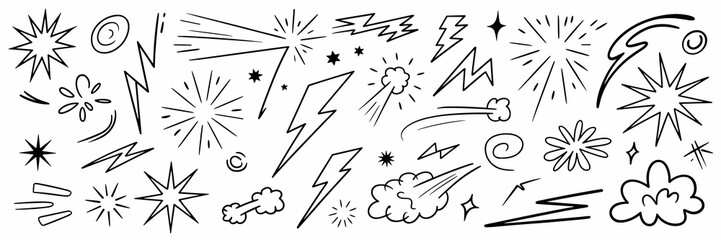 Doodle elements set: lightning, stars, explosion, boom, motion effect hand drawn illustration