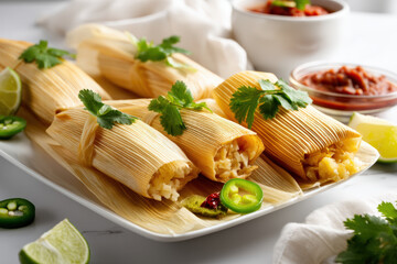 Delicious Homemade Tamales. Delicious homemade tamales, served on a white plate with fresh salsa, lime, and jalapenos.