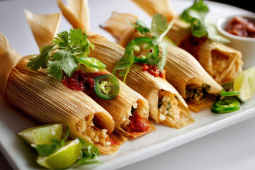 Savory Mexican Tamales with Garnishes. A delicious shot of a plate of authentic tamales, garnished with fresh cilantro and jalapenos, ready to be enjoyed.