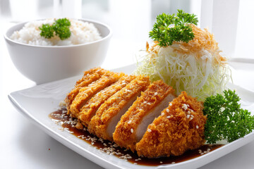 Delicious Japanese Tonkatsu. A delicious serving of Japanese tonkatsu, or breaded pork cutlet, served with rice and shredded cabbage.