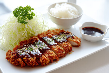 Japanese Tonkatsu with Rice. A delicious plate of Japanese tonkatsu, served with rice, shredded cabbage, and dipping sauce.