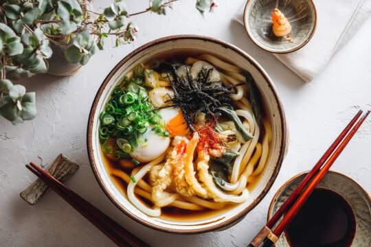 Udon Noodles with Tempura. A top-down shot of a delicious bowl of udon noodles with tempura, egg, and green onions. Japanese cuisine.