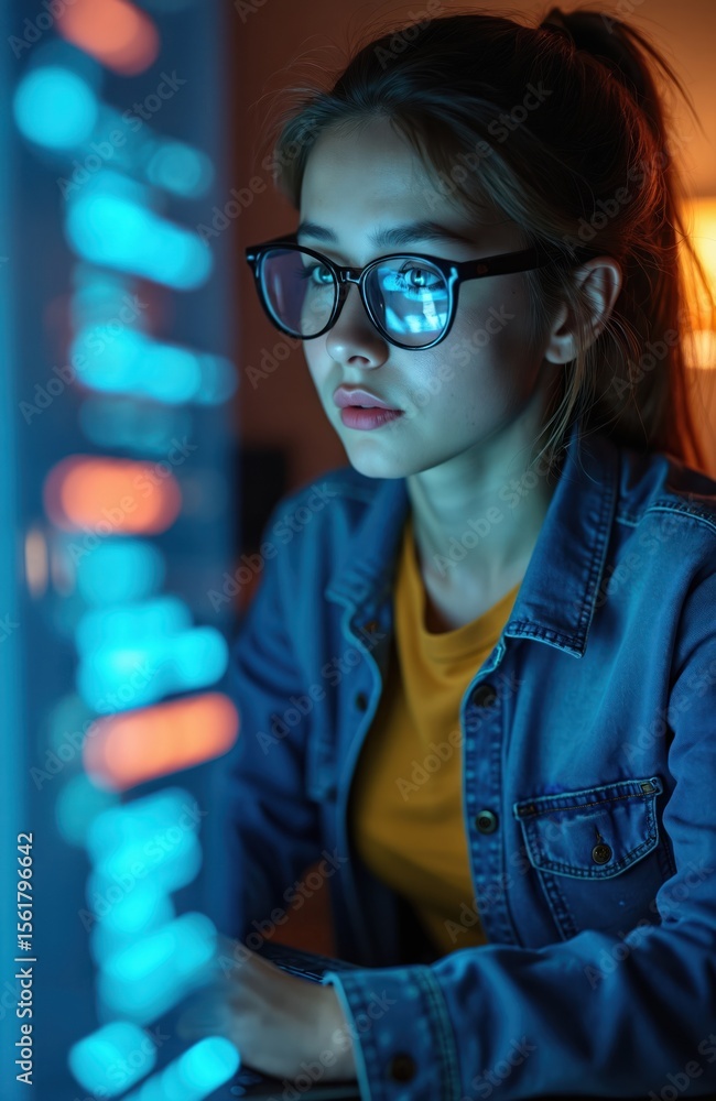 Poster young woman wearing glasses concentrates on digital screen with code, works in software development.