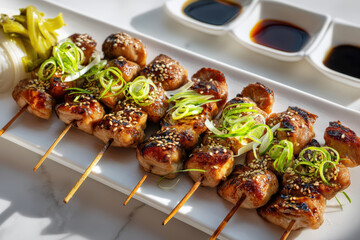 Grilled Chicken Yakitori Skewers. Delicious grilled chicken skewers, a culinary delight seasoned with sesame seeds and scallions, served with dipping sauces, perfect for a gourmet meal.