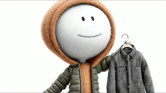 Cartoonstyle character holds up a grey jacket wears a tanlined hoodie and has a white furry head