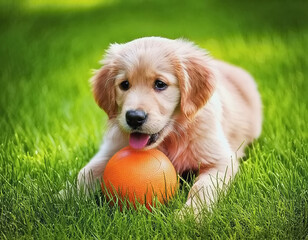 Golden retriever puppy playing with a ball in the grass AI
