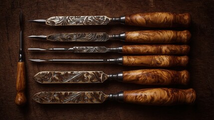 Wood carving chisels arranged on table in studio; rustic background, potential artistic use