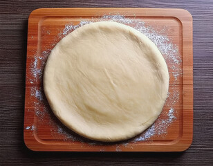 Pie dough rolled into a circle on large square wooden pastry board, room for text AI