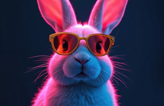 Cyberpunk rabbit wears sunglasses. Pink, blue neon lights on animal face. Futuristic art, digital illustration, AI generated image. Concept design for gaming industry, product, poster or apparel.