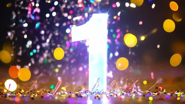 Glowing number one with colorful confetti and festive lights celebrating first place or anniversary event