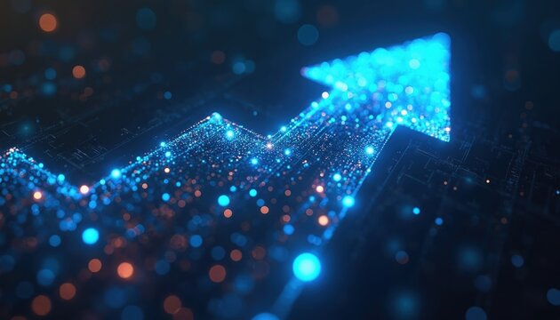 Digital blue arrow pointing upward on tech background. Dynamic illustration for business tech concepts like growth, progress, innovation, data, finance. Perfect for presentations, reports.