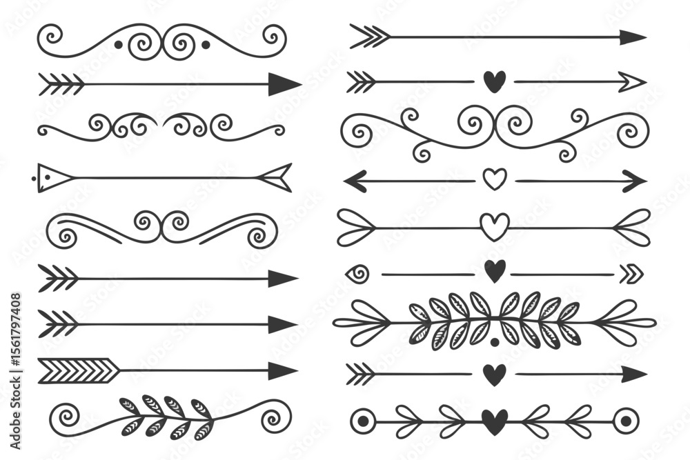 Fototapete elegant swirl divider collection featuring floral arrows and curved borders in hand-drawn black vect