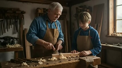 Woodworking Grandpa teaching grandson. - Powered by Adobe