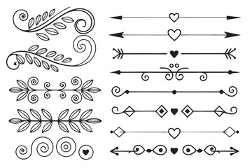 Hand-Drawn Arrow and Swirl Dividers in Elegant Black Vector Featuring Curved Floral Borders. Decorative Line Art for Posters and Layout Templates.

