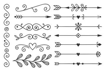 Fototapeta premium Elegant Hand-Drawn Dividers in Black Vector Featuring Curved Arrows, Swirls, and Floral Ornaments. Vintage Borders for Invitations and Layouts.