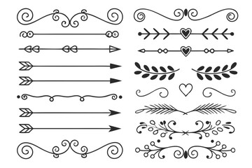 Fototapeta premium Black Vector Decorative Dividers with Hand-Drawn Swirls, Floral Borders, and Elegant Arrow Motifs. Vintage Style Elements for Layout Templates.