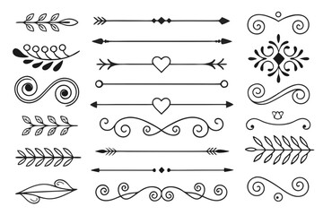 Fototapeta premium Decorative Divider Set Featuring Hand-Drawn Arrows, Curved Swirls, and Elegant Floral Motifs in Black Vector for Layouts and Invitation Design.