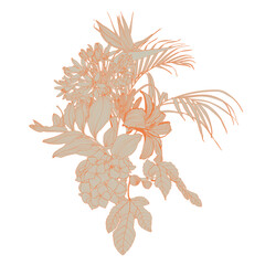 Vintage style bouquet of hand drawn flowers texture, leaf branch, line art. Botanical poster for wall decoration, interior, wallpaper, banner.