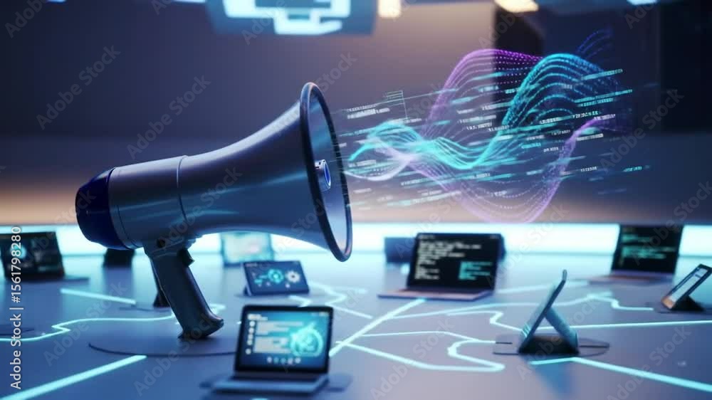 Aufkleber futuristic megaphone with digital data display