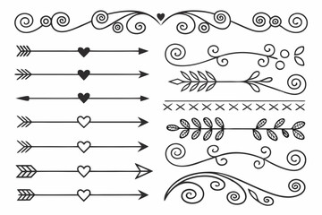 Fototapeta premium Decorative Arrow and Swirl Dividers Featuring Elegant Hand-Drawn Floral Borders in Black Vector. Vintage Style Line Art for Layout and Branding Projects.