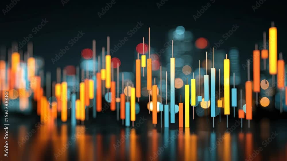 Poster abstract financial chart with blurred cityscape backdrop, representing market trends and economic ac