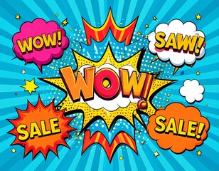 Fototapeta premium Retro comic book-inspired background with explosive shapes, speech bubbles, and bold text