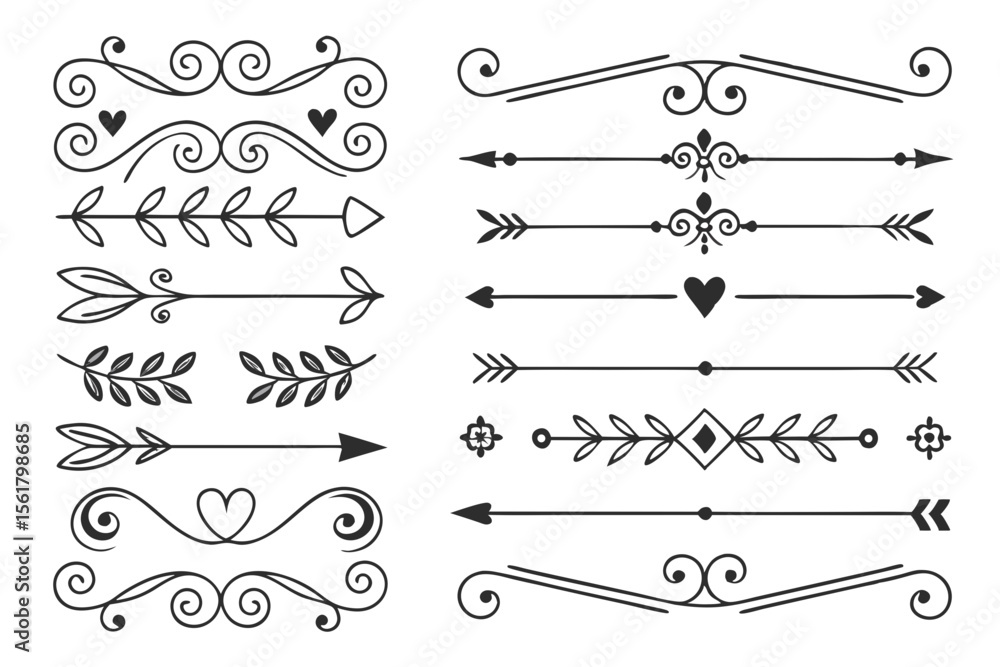 Fototapete Decorative Swirl and Arrow Divider Set with Floral Accents in Hand-Drawn Black Vector. Elegant Line Art Borders for Layout Projects and Invitations.

