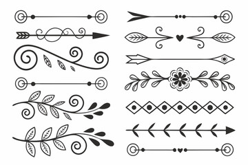Fototapeta premium Elegant Hand-Drawn Dividers with Curved Arrows, Floral Accents, and Swirls in Black Vector. Vintage Decorative Elements for Layouts and Wedding Cards.