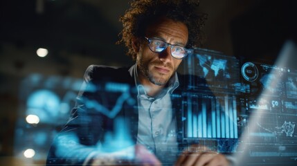 Confident businessman conducting real-time data analysis on laptop,